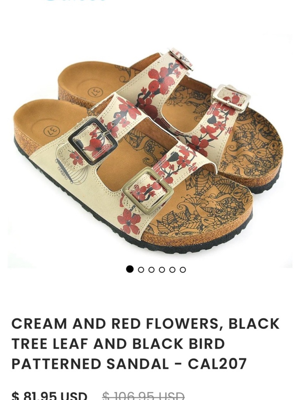 Cream Sandals with Red Floral Print and Adjustable Buckles